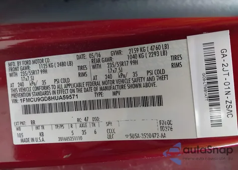 2017 Ford Escape Se из США, поврежденный, VIN 1FMCU9GD8HUA59571